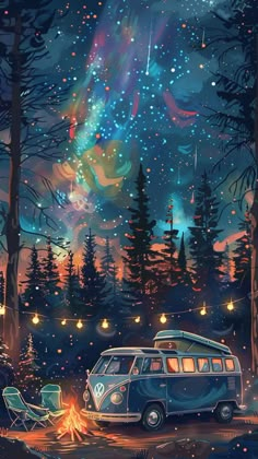 a camper van parked in the woods at night with stars and lights above it