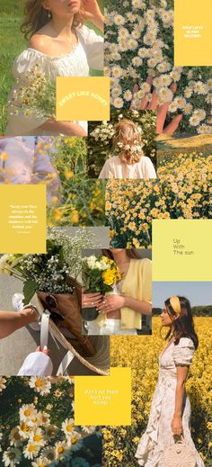 a collage of photos with yellow and white flowers