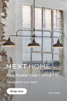 an advertisement for the next power grey oxford 3 light pendant lamp, featuring three industrial style lights