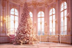 a christmas tree is in the middle of a room with large windows and pink walls