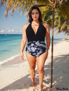 Olivia Mark - Womens Plus Size Vacation Swimsuit: Contrast Floral Print Deep V-Neck Halter One-Piece Bathing Suit Plus Size Vacation, Vacation Swimsuit, Black Bathing Suits, Big & Tall, Olivia Mark, Deep V Neck, Deep V, Bathing Suit, Bathing Suits