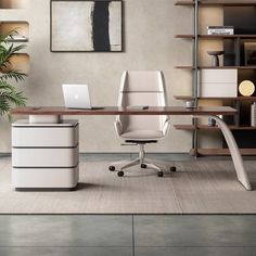 an office desk with a laptop computer on top of it and a plant in the corner