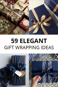 presents wrapped in blue and gold with the words, 59 elegant gift wrapping ideas