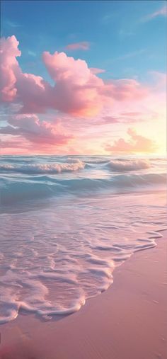 the beach has waves coming in and out of the water with pink clouds above it