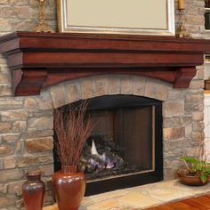 a stone fireplace in a living room with potted plants and vases on the mantle