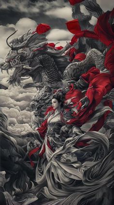 a woman is standing in front of a dragon with red petals on her head and wings