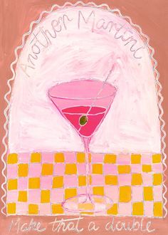 a painting of a pink martini sitting on top of a checkered tablecloth with the words happy mother