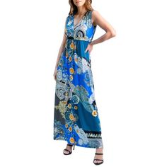 An elegant and timeless dress made in a paisley print is stunning shades of blue. Featuring a tastefull v shaped neckline, sleeveless design, and an empire waist that ties at the back. This comfortable dress can be adjusted around the waist for the perfect fit. Pair this maxi dress with sandals for a fun casual look or dress with up with heals and stylish jewlery. Made in the United States - US from a comfortable stretch material. Polyester Spandex Knit. Color: Multicolor. Gender: female. Age Gr Elegant Sleeveless Maxi Dress With Paisley Print, Elegant Blue Sleeveless Dress With Floral Print, Elegant Sleeveless Paisley Print Maxi Dress, Elegant Blue Paisley Print Dress, Elegant Sleeveless Paisley Maxi Dress, Summer V-neck Beach Dress With Vibrant Print, Blue V-neck Dress With Paisley Print, Beach Sundress With V-neck And Paisley Print, Beach Sleeveless V-neck Dress With Floral Print