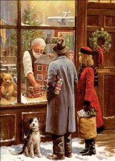 an old man and woman looking at teddy bears in a store window with two dogs