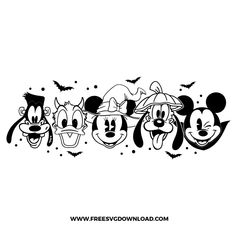 mickey mouse and other disney characters in black and white, with bats flying around them