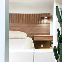 a bed sitting next to a green cactus in a white walled room with wooden headboard