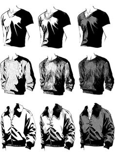 several different types of shirts on display in black and white ink drawing by artist person