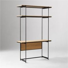 an open shelving unit with two wooden shelves