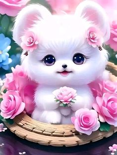 a white teddy bear sitting in a basket with pink roses on it's head