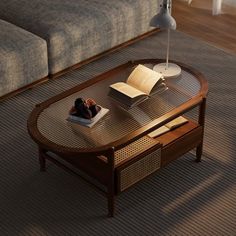 a coffee table with an open book on it