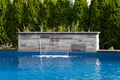 a water fountain in the middle of a swimming pool surrounded by greenery and shrubs