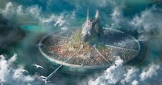 an artist's rendering of a castle surrounded by clouds in the shape of a circle