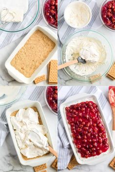 the ingredients for cranberry cheesecake are shown in bowls and ready to be mixed together