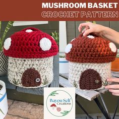 two crocheted mushroom baskets sitting on top of a table