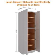 the large cabinet is shown with measurements for each item in it's storage compartment