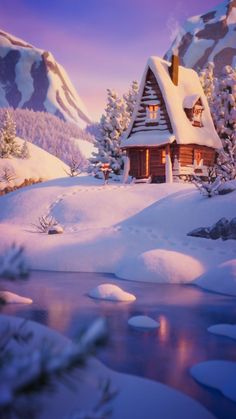 a small cabin in the middle of a snow covered mountain with a stream running through it