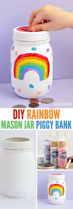 this diy rainbow mason jar piggy bank is so cute and easy to make