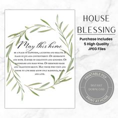 the front and back of a house blessing card with an olive wreath design on it