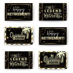 four happy retirement signs in gold and black