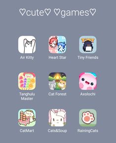 an image of some app icons on a gray background with the words, cutey games v