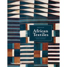 an african textiles book with blue, brown and white squares on the front cover in black