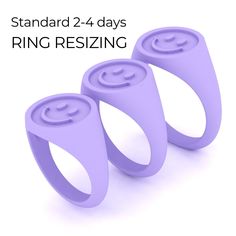 three purple rings with smiley faces on them and the text standard 2 - 4 days ring resizing