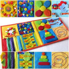 there are many different pictures of colorful felt toys on the table and in front of each other