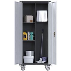 an open metal cabinet with cleaning supplies on wheels