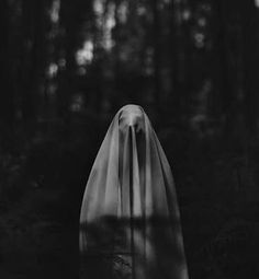 a black and white photo of a ghost in the woods