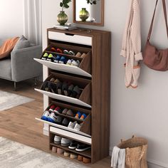 a wooden shoe rack with multiple pairs of shoes on it in front of a mirror