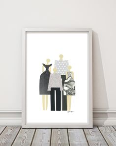 an art print with two people standing next to each other in front of a white wall