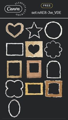 a black background with some white and brown shapes on it, including hearts, stars, circles