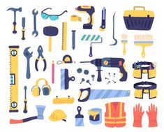 various tools are arranged on a white background