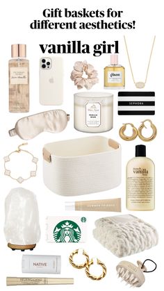 the contents of a gift basket with text that reads, gifts for different aesthetics vanilla girl