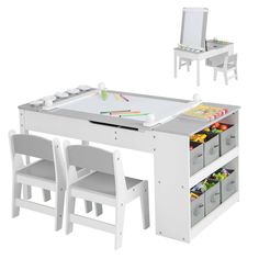 the table and chairs are all white with drawers on each side that hold various items