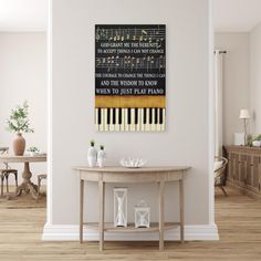 a living room with a piano on the wall and a table in front of it