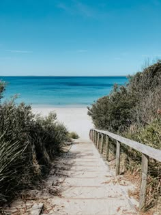 a wooden walkway leading to the beach with blue water in the background and bushes on either side