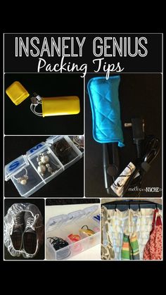 the contents of an insanely genius packing tips kit are shown in this collage