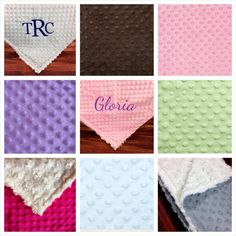 six different colors of crocheted fabric with the name flora on one side, and two