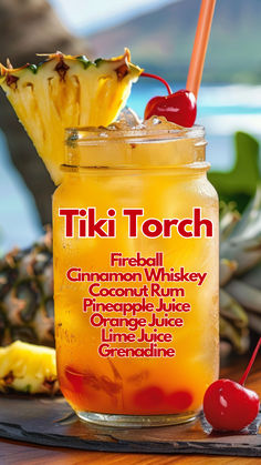 Tiki Torch Tiki Torch Cocktail, Tiki Torch Drink, Cocktail Ideas Alcoholic Drinks, Tiki Torch Drink Recipe, Alcoholic Drinks To Order At A Bar, Whiskey Mixed Drinks Recipes, Tiki Bar Drinks Cocktail Recipes, 1 Gallon Alcoholic Drink Recipes, Tiki Bar Cocktails