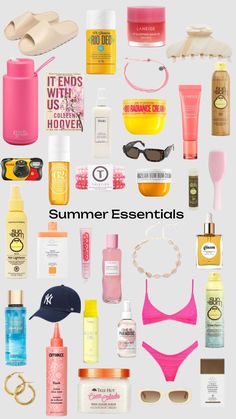 the words summer essentials are displayed in front of an image of various items and accessories