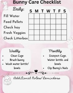 the bunny care checklist is shown in pink