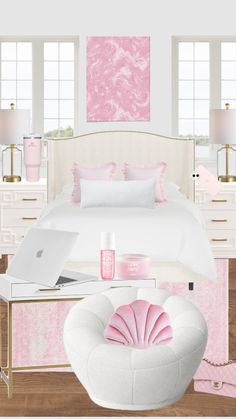 a bedroom with pink accents and white furniture