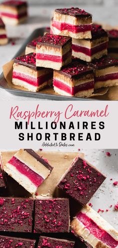 raspberry caramel shortbread is cut into squares and stacked on top of each other