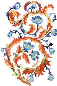 an ornate design with blue and orange flowers